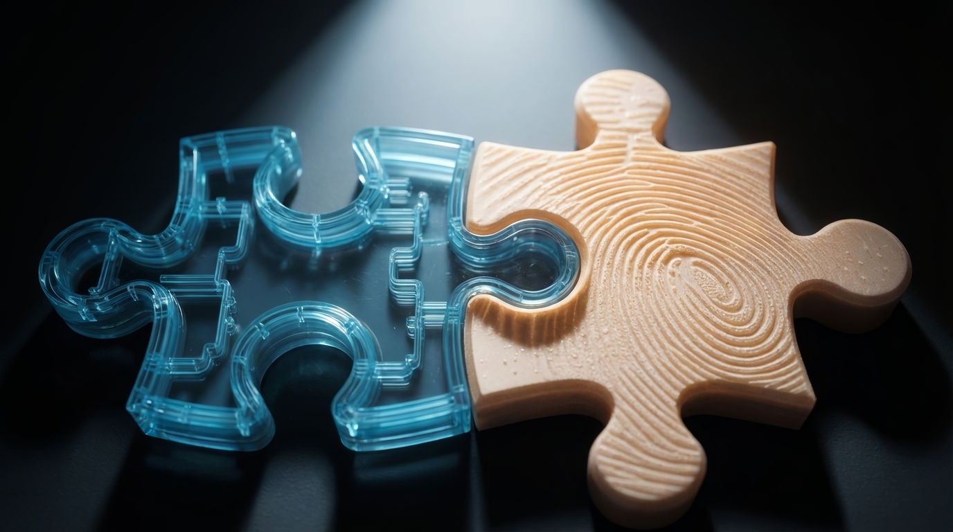 Puzzle pieces fitting together representing human-centered AI integration