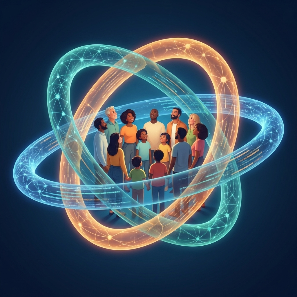 Diverse group of people inside orbital rings representing human-centered AI