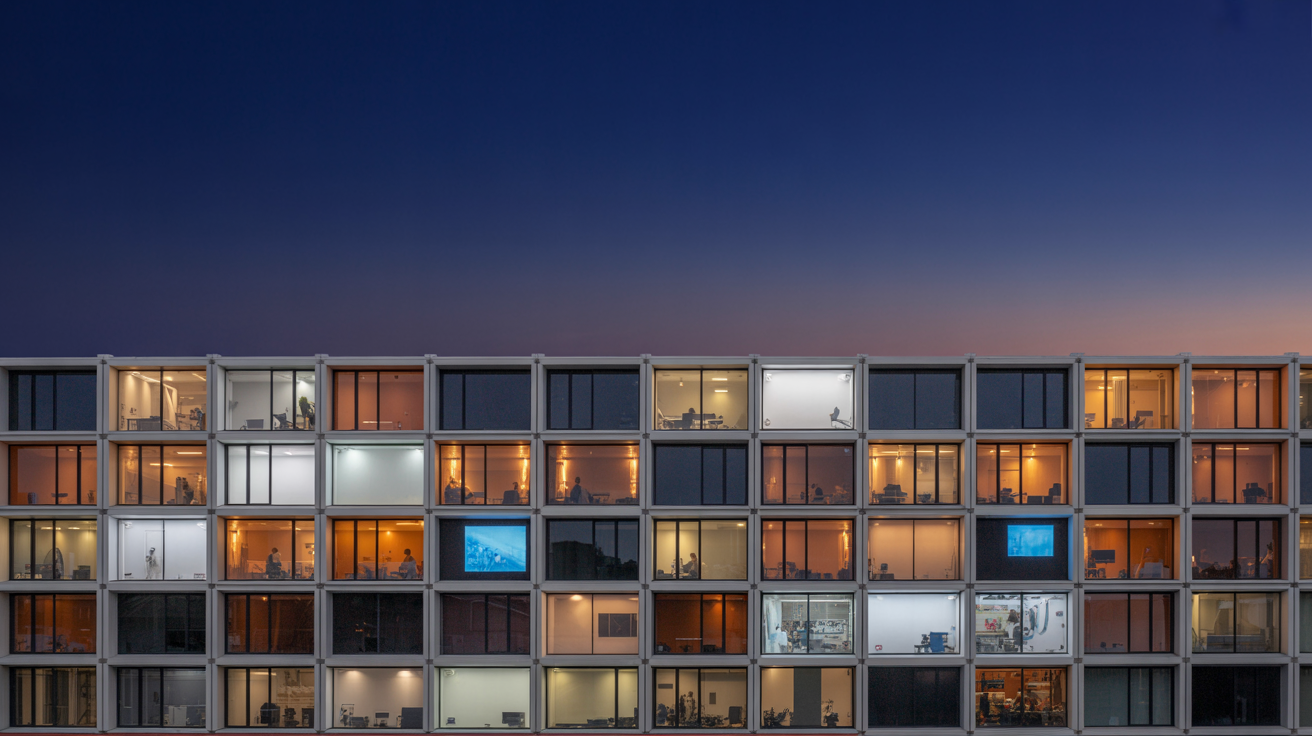 Modular office building at twilight with varied window lighting representing distinct team-level AI work inside one corporate structure